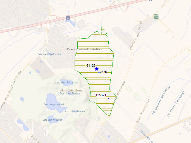 Une carte de la zone qui entoure immédiatement le bien de l'RBIF numéro 32575