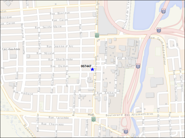 Une carte de la zone qui entoure immédiatement le bâtiment numéro 007447