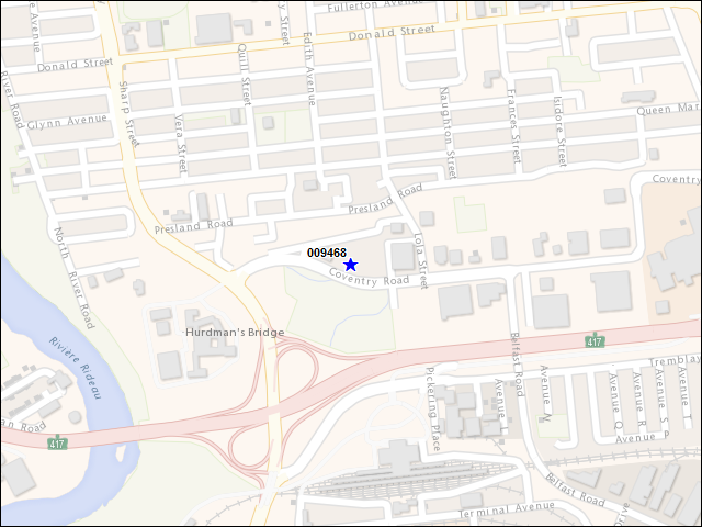 Une carte de la zone qui entoure immédiatement le bâtiment numéro 009468