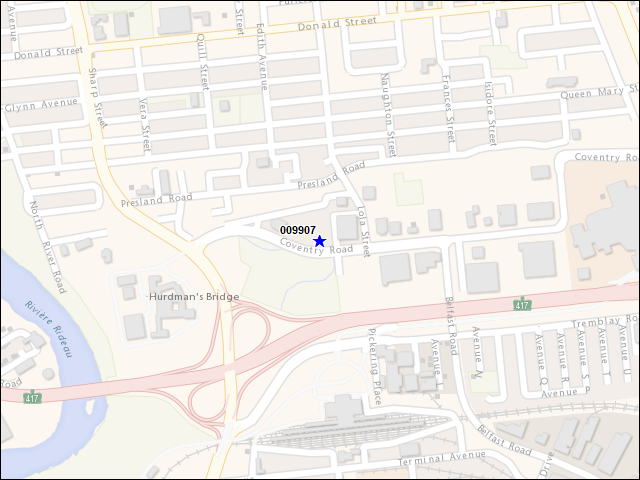 Une carte de la zone qui entoure immédiatement le bâtiment numéro 009907