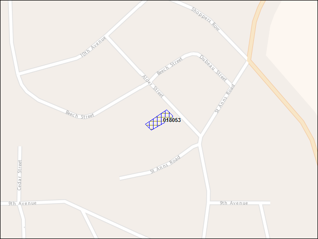 Une carte de la zone qui entoure immédiatement le bâtiment numéro 018053