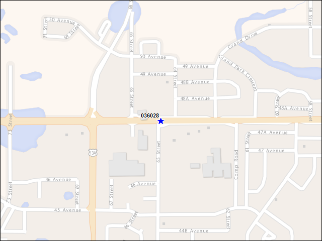Une carte de la zone qui entoure immédiatement le bâtiment numéro 036028