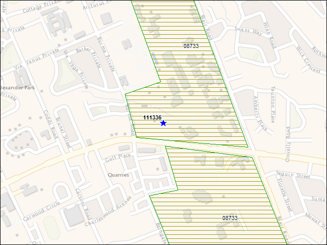 Une carte de la zone qui entoure immédiatement le bâtiment numéro 111336