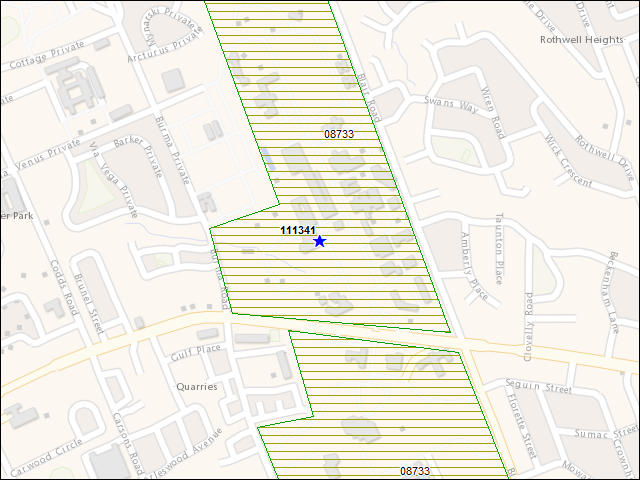 Une carte de la zone qui entoure immédiatement le bâtiment numéro 111341