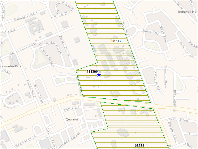 Une carte de la zone qui entoure immédiatement le bâtiment numéro 111350