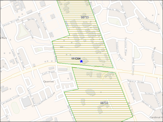 Une carte de la zone qui entoure immédiatement le bâtiment numéro 111354