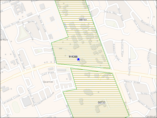 Une carte de la zone qui entoure immédiatement le bâtiment numéro 111355