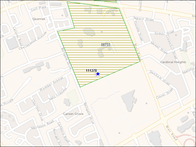 Une carte de la zone qui entoure immédiatement le bâtiment numéro 111378