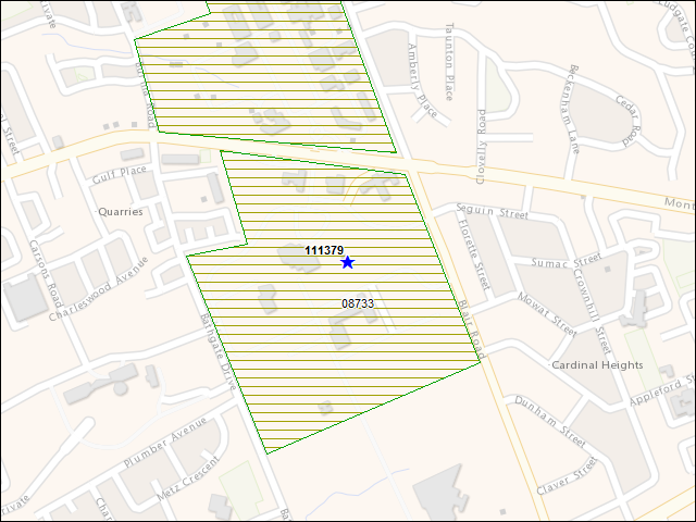 Une carte de la zone qui entoure immédiatement le bâtiment numéro 111379