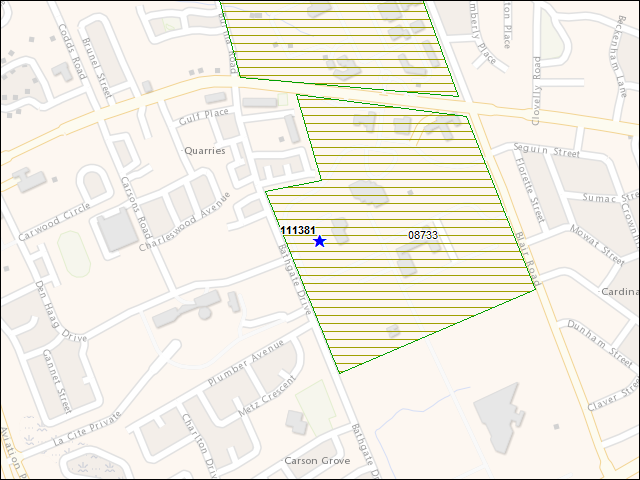 Une carte de la zone qui entoure immédiatement le bâtiment numéro 111381