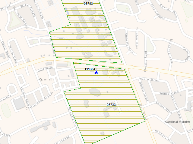 Une carte de la zone qui entoure immédiatement le bâtiment numéro 111384