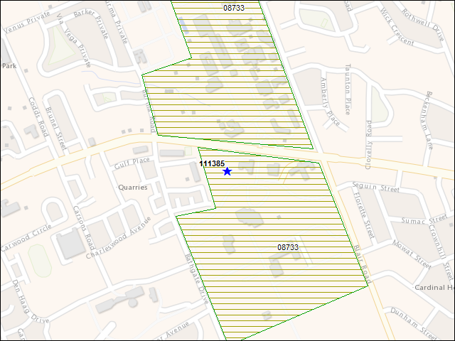 Une carte de la zone qui entoure immédiatement le bâtiment numéro 111385