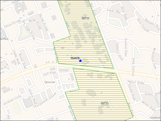 Une carte de la zone qui entoure immédiatement le bâtiment numéro 152476